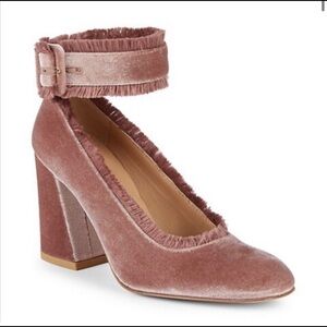 Stuart Weitzman / fringe Clarissa velvet candy Rose Pink Block Heel Pumps